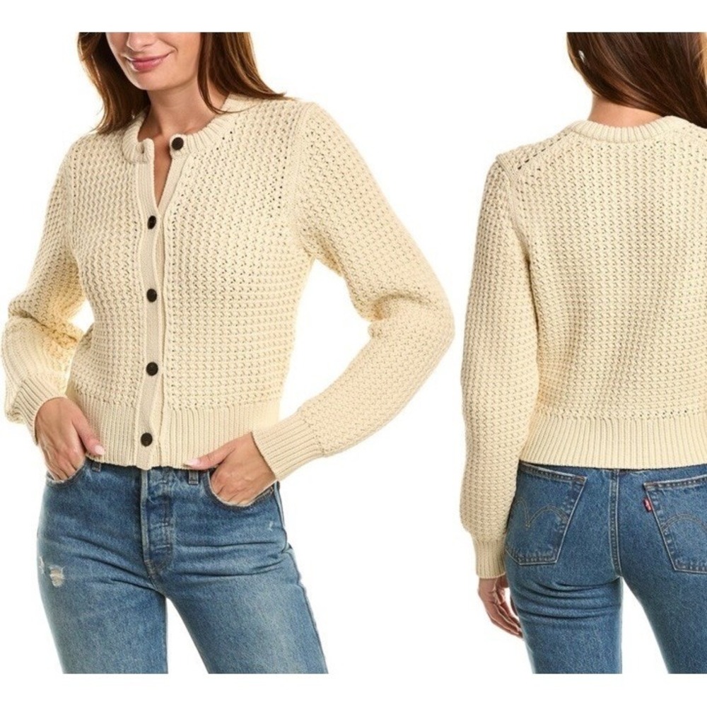 Theory Womens Rickrack Cream Knit Cardigan Sz S Quiet Luxury Old Money Neutral